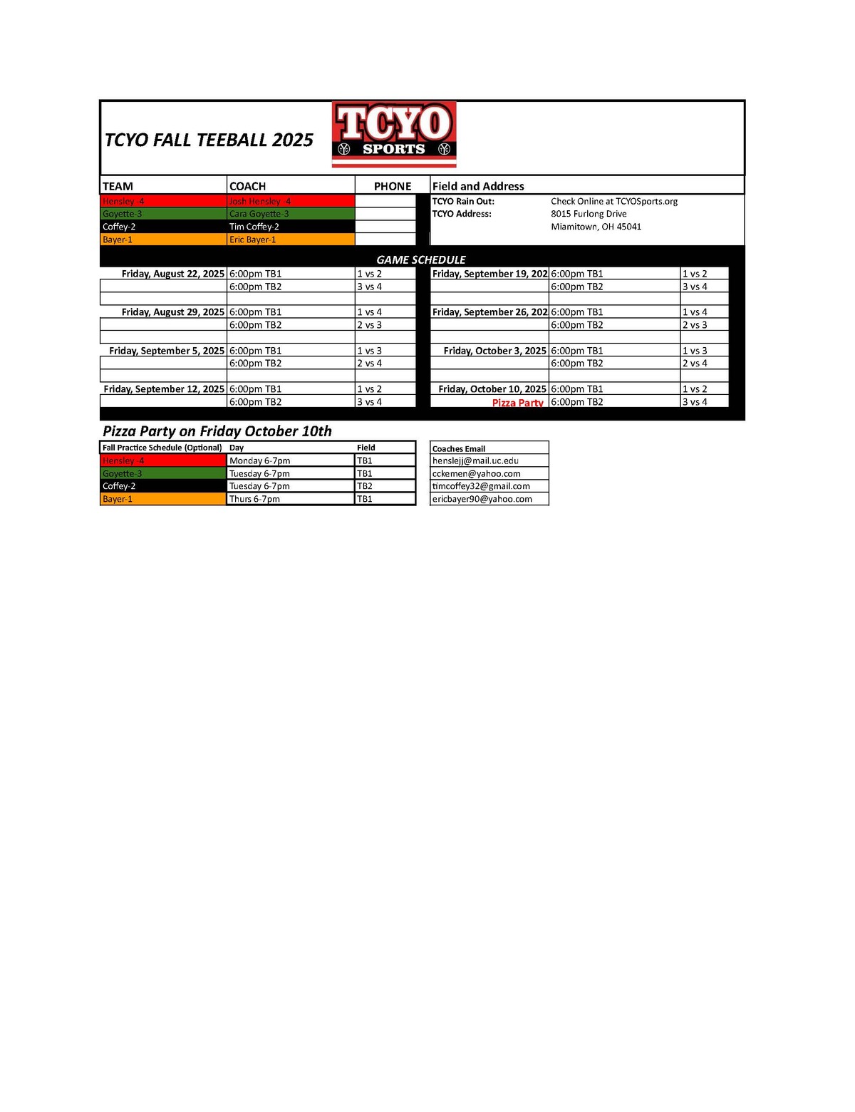 Teeball Schedule